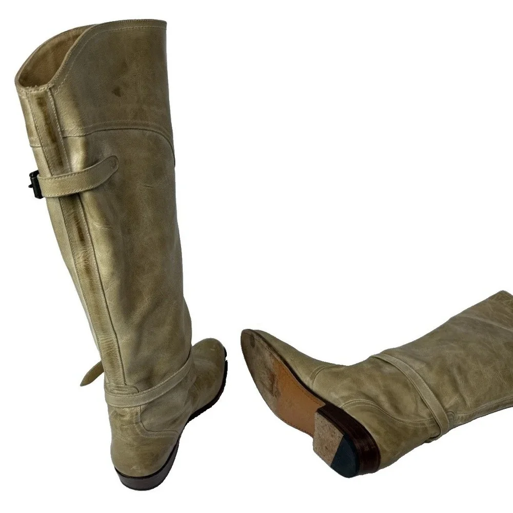 FRYE Dorado Tall Knee Riding Boots  Cream Tan Leather Buckle 77559 Women's Sz 9